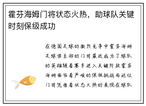 霍芬海姆门将状态火热，助球队关键时刻保级成功