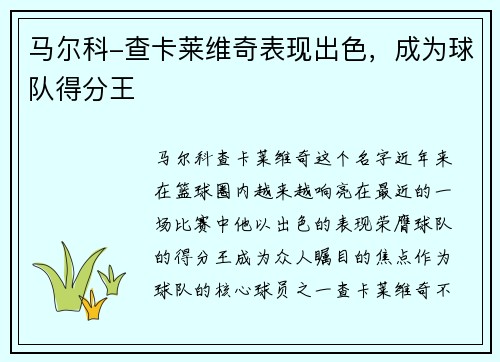 马尔科-查卡莱维奇表现出色，成为球队得分王
