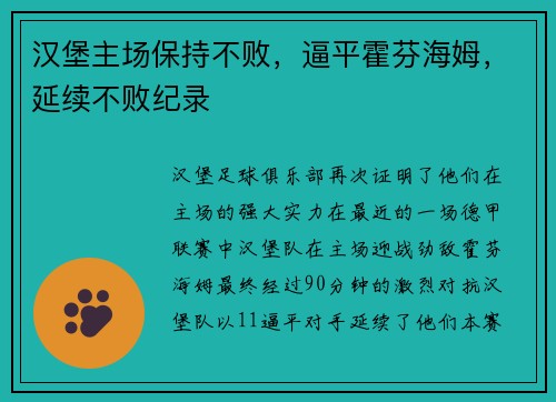 汉堡主场保持不败，逼平霍芬海姆，延续不败纪录